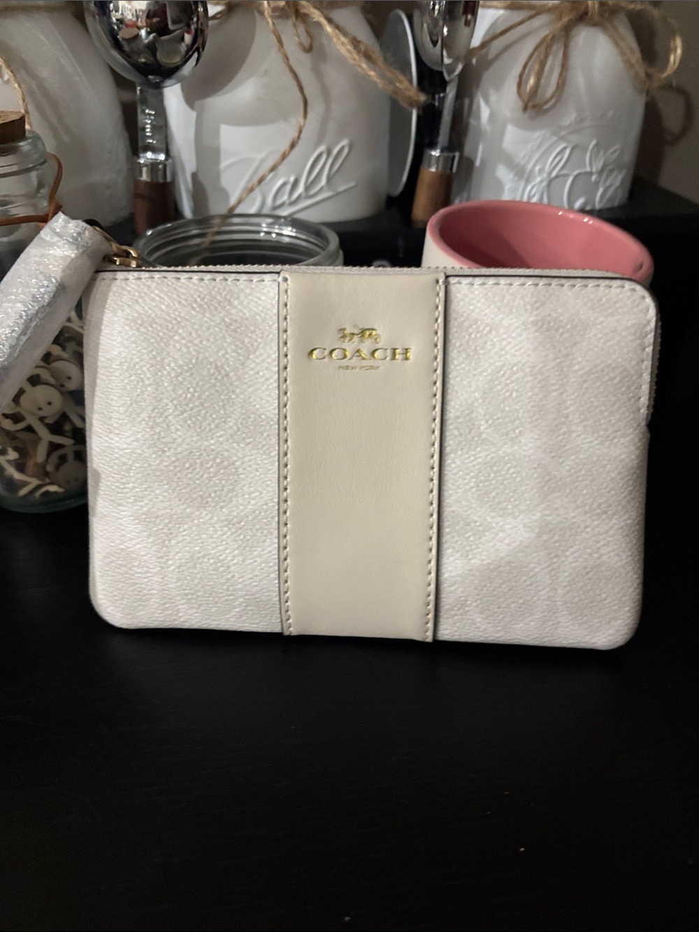COACH Cream Signature Corner Zip Wristlet